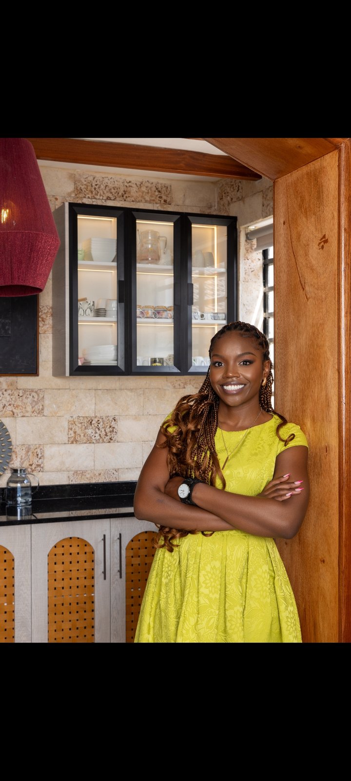 Tina Kwamboka, Founder of Yaara Design Studio, in the studio kitchen and bar area